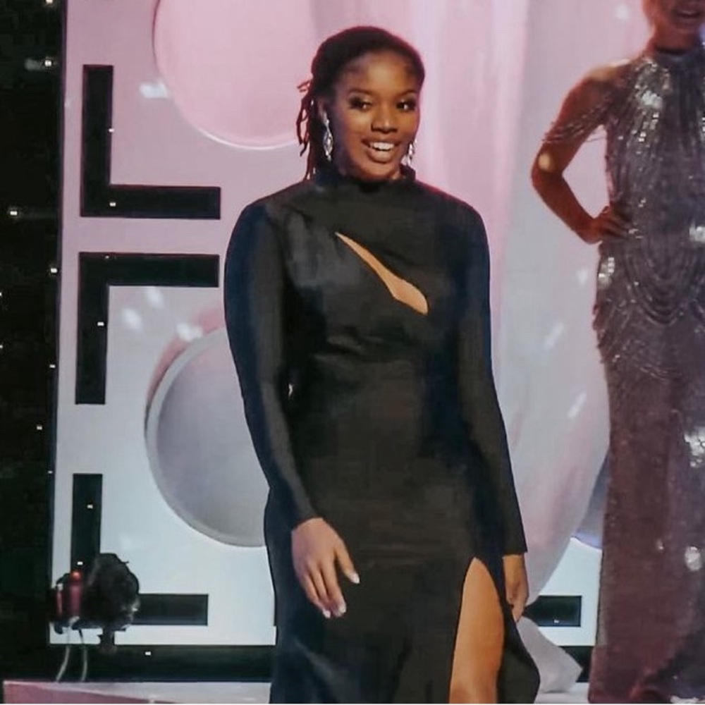 Windsor Black Asymmetrical Gown with Long Sleeves and Mock Neck